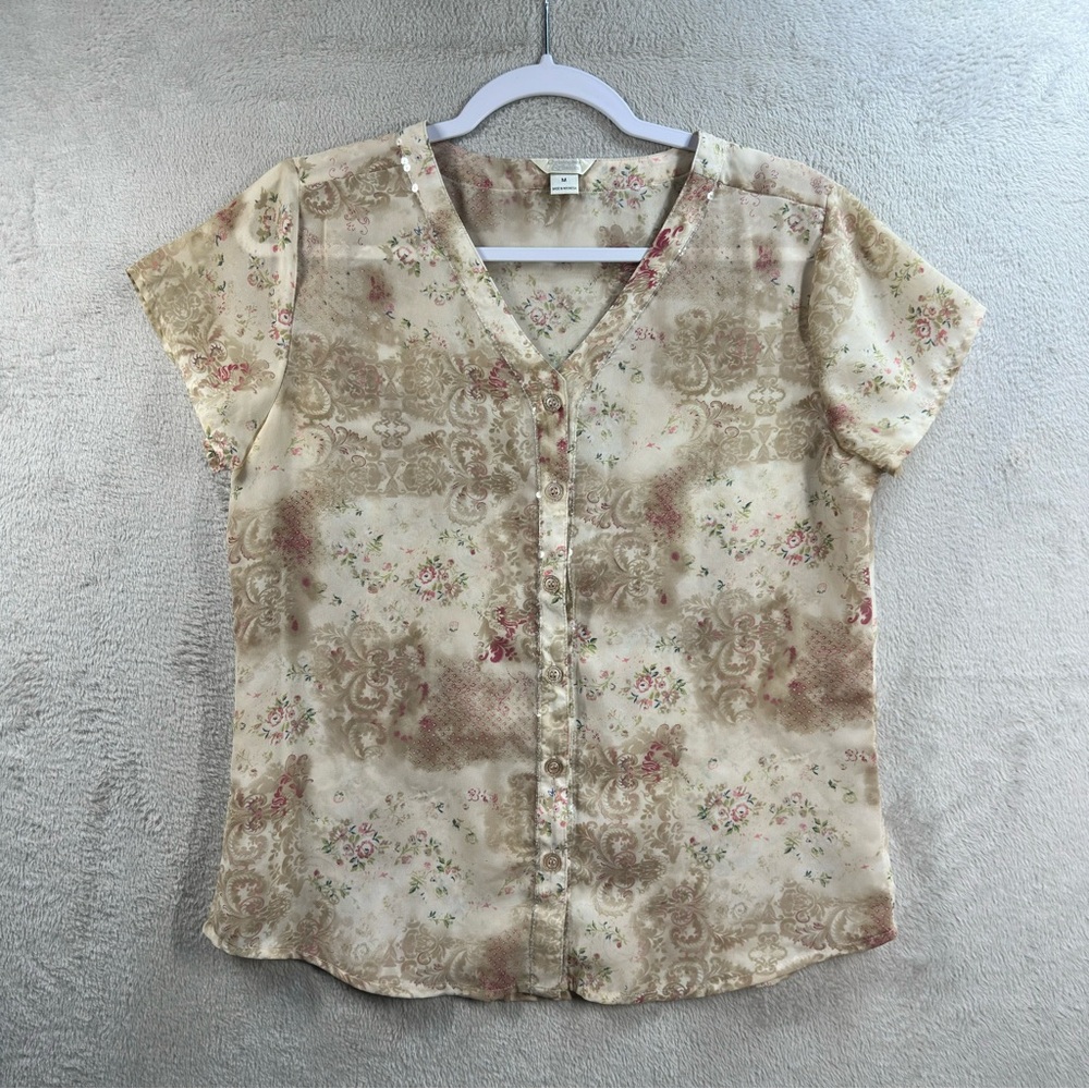 Christopher & Banks Blouse Sz M‎ Semi-sheer Button Front Floral Romantic Cottage